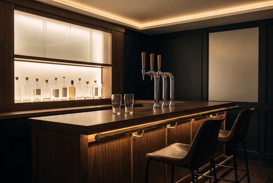 Illustration: a quiet bar counter late at night with three plain beer taps, two empty pint glasses, unlabelled bottles on a lit shelf and two empty stools.