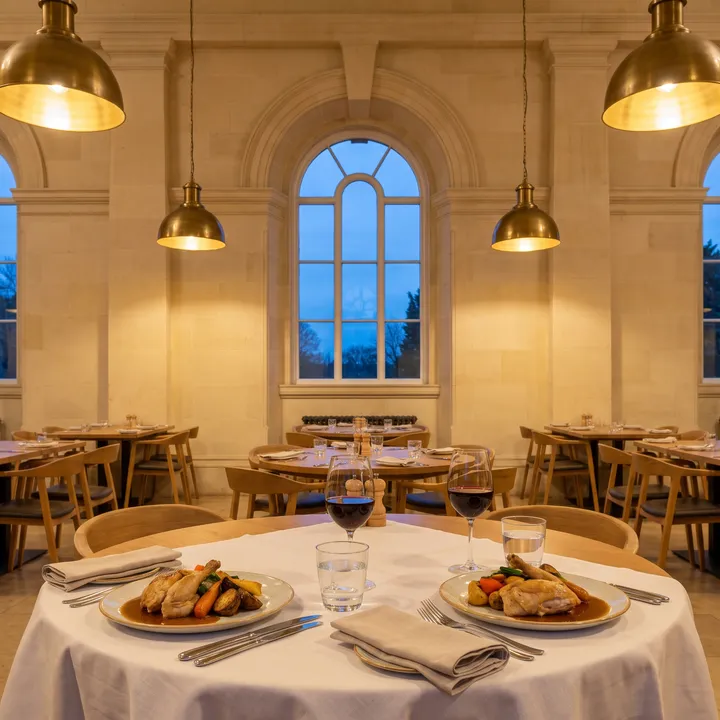 Illustration: a table for two with roast dinners, water and red wine under brass lamps, in a pale limestone hall with a tall arched window at dusk.